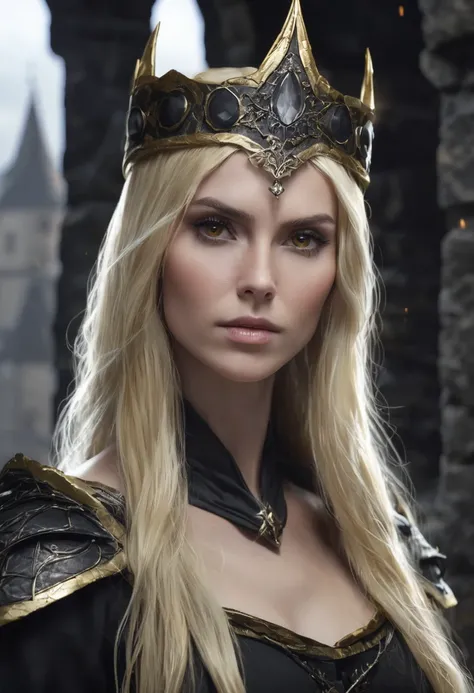 1 woman, she is a witch, inside a dark and gloomy castle made of stones, wearing simple black armor, a thin brown band around her forehead made of cloth resembling a simple headpiece, detailed facial features, feminine golden eyes, detailed white skin, dar...