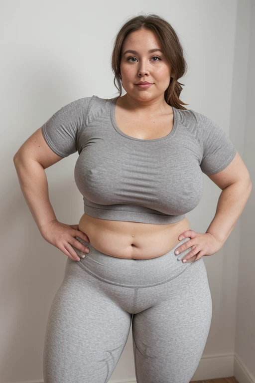 Chubby milf in gray yoga pants white top