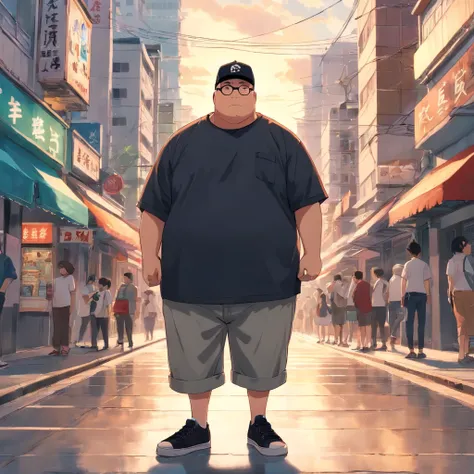 A mesmerizing photo of a fat obese bald Indonesian man, wearing a black New Era baseball cap, clear rectangular glasses, bald, with a plain white oversize long-sleeve t-shirt, dark brown jeans, and black Vans shoes, standing on an aesthetic vintage city si...