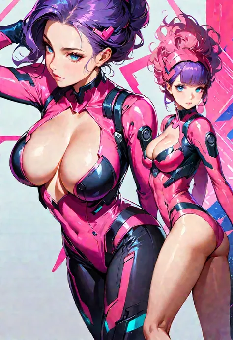 One young and beautiful woman,(Highest quality,Extremely detailed depiction,Incredibly absurd high resolution,Anatomically accurate depiction,Perfect body,Curvy Legs),(female sentai heroine),(White and pink cyberpunk suit),eyelash,(Blue Eyes,Natural Lip,Co...