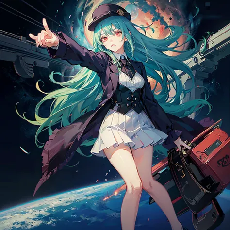 anime girl pointing a gun againist her head, menacing face, red eyes, green hair, space behind, fedora, tuxedo, floating in the middle of space