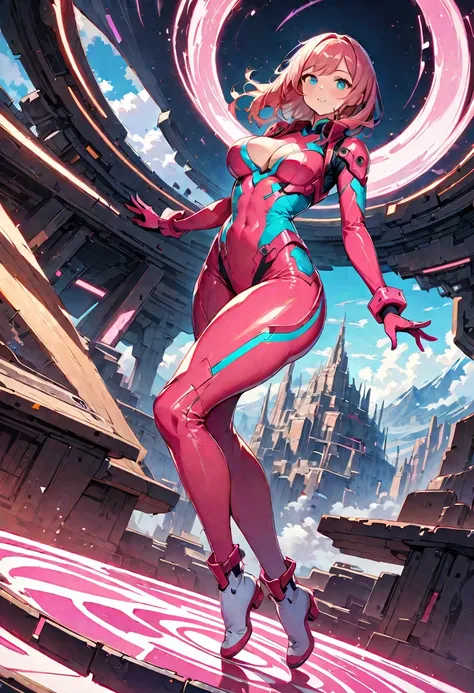 One young and beautiful woman,(Highest quality,Extremely detailed depiction,Incredibly absurd high resolution,Anatomically accurate depiction,Perfect body,Curvy Legs),(female sentai heroine),(White and pink cyberpunk suit),eyelash,(Blue Eyes,Natural Lip,Co...