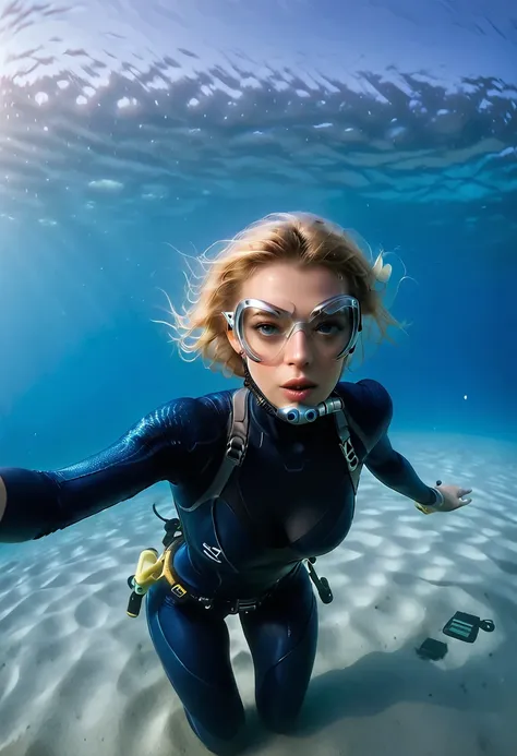 seven of nine ((full body shot))during the diving course，there is a lady wearing a diving suit and goggles,wear a diving helmet,...