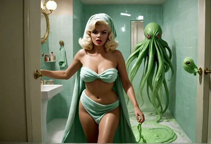 Jayne Mansfield, age 25, dressed in a bath towel, is fleeing from her bathroom which is filling with translucent slime, movie monster CThulu and other eldritch tentacled beasts, flesh hungry monsters, damsel in distress
