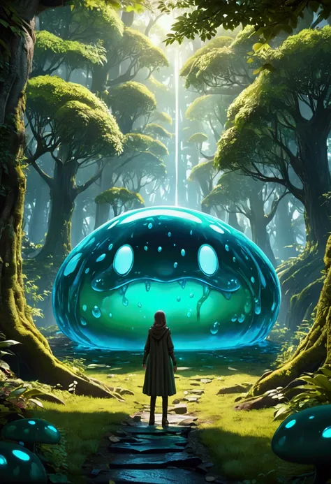 Slime, fantasy forest, Game character, full body, cinematic still, (best quality, masterpiece, photorealistic), very aesthetic, perfect composition, intricate details, ultra-detailed, vivid colors