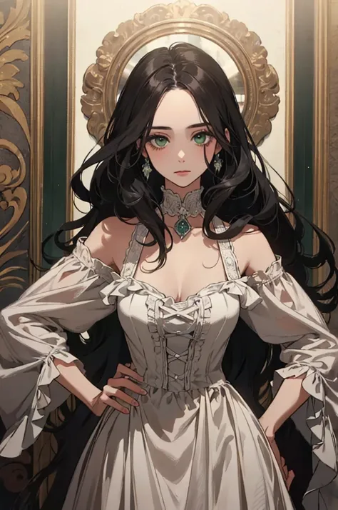 high resolution、masterpiece、Long black hair、Curly Hair、Deep green eyes、Noble daughter、Victorian、Neat and clean dresses、elegant、beautiful girl、Pitiful、One person、The forehead is protruding、Long Hair、Princess Dress
