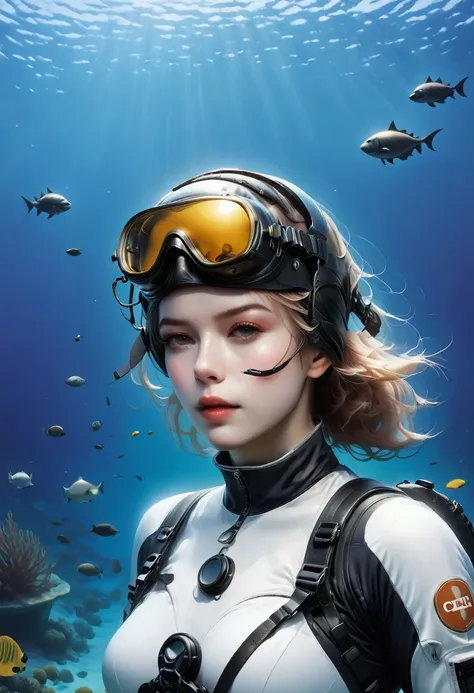 ((full body shot))During the diving course，There is a lady wearing a diving suit and goggles,Wear a diving helmet, Instagram, A diver on the seabed, A diver on the seabed, old scuba, GoPro shooting, Abandoned diving mask, Underwater perspective, 3 6 0 capt...