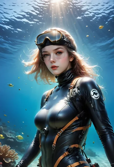 ((full body shot))During the diving course，There is a lady wearing a diving suit and goggles,Wear a diving helmet, Instagram, A diver on the seabed, A diver on the seabed, old scuba, GoPro shooting, Abandoned diving mask, Underwater perspective, 3 6 0 capt...