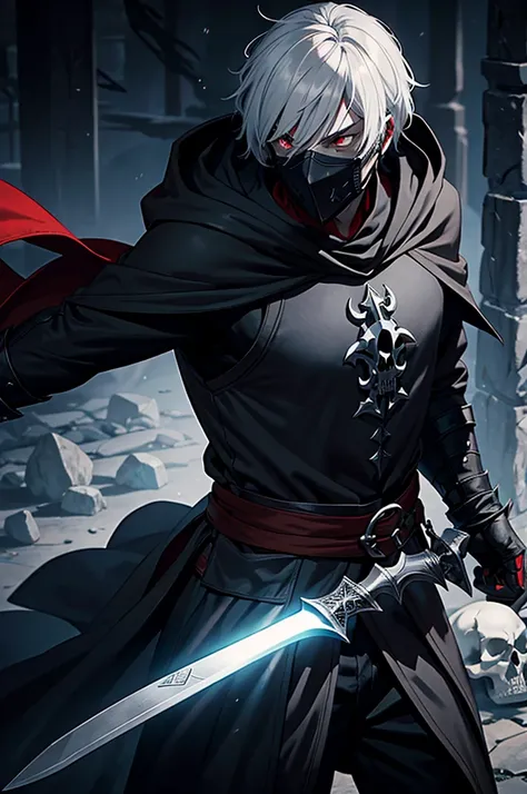 An assassin, male, fantasy character, physically strong, wearing a skull mask covering his face and eyes, dressed in black medieval attire, with a white hooded cloak over it, gray hair, short hair, red eyes, holding a dagger, nighttime background.