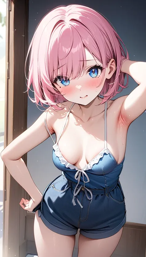 (1 girl),(Best Picture Quality, 8K, Masterpiece:1.3), (high school student:1.5), ((pink lob hair:1.1)), (bob cut),(swept bangs), (cute eyes, pupil black, iris skyblue, youthful face), (mole under right eye), (standard weight), (small breasts), (glistening ...