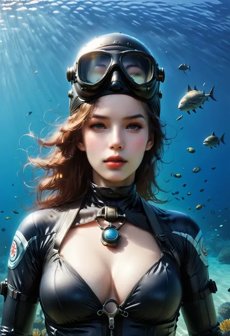 ((full body shot))During the diving course，pregnant There is a lady wearing a diving suit and goggles,Wear a diving helmet, Instagram, A diver on the seabed, A diver on the seabed, old scuba, GoPro shooting, Abandoned diving mask, Underwater perspective, 3...