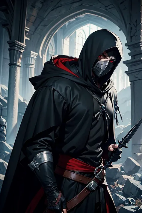 An assassin, male, fantasy character, physically strong, wearing a skull mask covering his face and eyes, dressed in black medieval attire, with a white hooded cloak over it, gray hair, short hair, red eyes, holding a dagger, nighttime background.