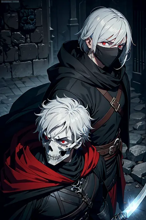 An assassin, male, fantasy character, physically strong, wearing a skull mask covering his face and eyes, dressed in black medieval attire, with a white hooded cloak over it, gray hair, short hair, red eyes, holding a dagger, nighttime background.