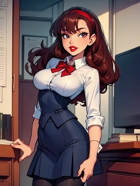 Sharona, wearing a navy office suit, white shirt, navy skirt,red lips,hairband, black tights, high quality, 