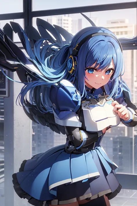 mecha wings、Blue Skirt、tights、chest、Beautiful blue hair、1 girl、solo girl、IS、Frame Arms Girl、Alice Gere Aegis、armor、income、headphone、hand on own chest、smile、idol woman