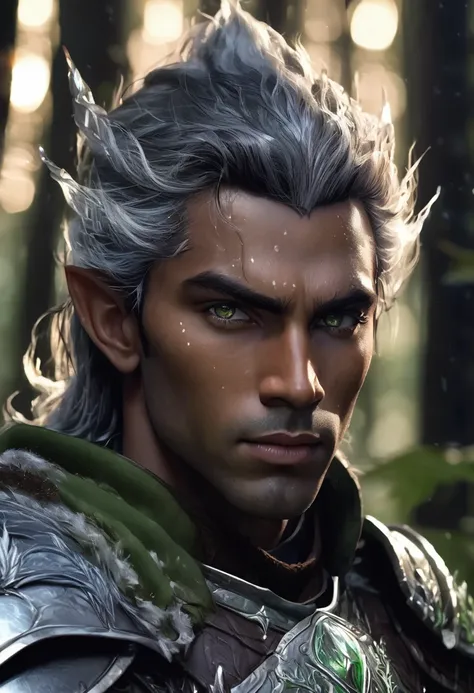 1 man, inside a forest at night with ice breeze around, wearing armor, detailed facial features, thick eyebrows, masculine green eyes, detailed tanned brown skin, dark man, messy silver hair, short elf ears, dramatic lighting, cinematic composition, dark p...