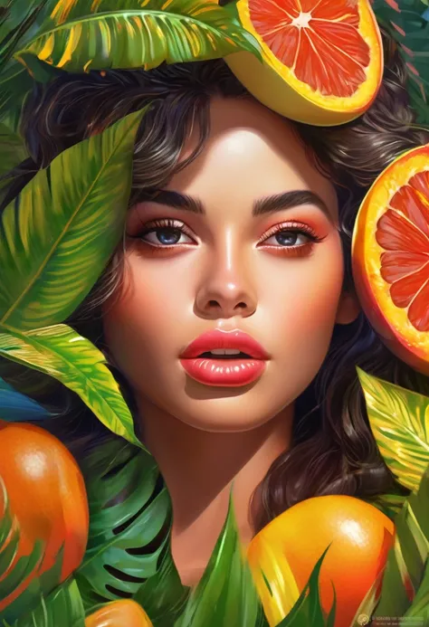 photorealistic, 1girl, beautiful detailed eyes, beautiful detailed lips, extremely detailed face and hair, medium: digital painting, açai fruit, vibrant colors, natural lighting, detailed textures, lush tropical environment, dense foliage, sunlight filteri...