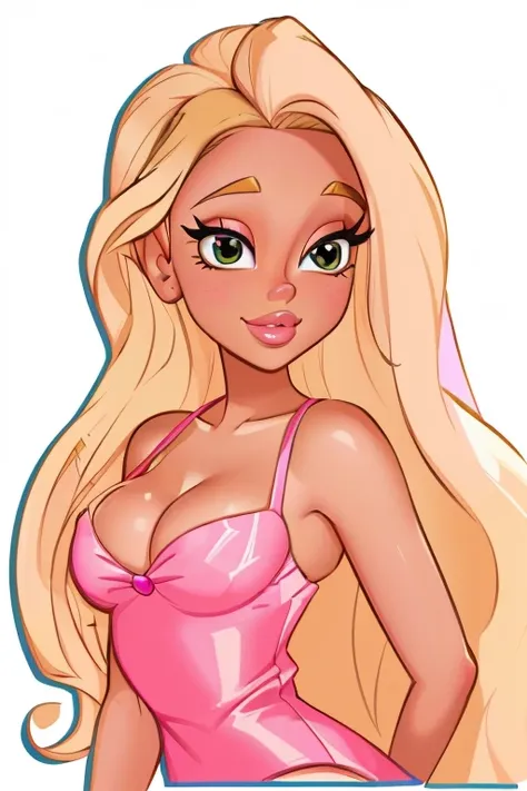 8k, a cartoon picture of a woman with long blonde hair and a pink dress, blonde - haired princess, lola bunny fanart, inspired by Tina Blondell, her skin is light brown, long blonde hair and large eyes, she has olive brown skin, cartoon artstyle, inspired ...