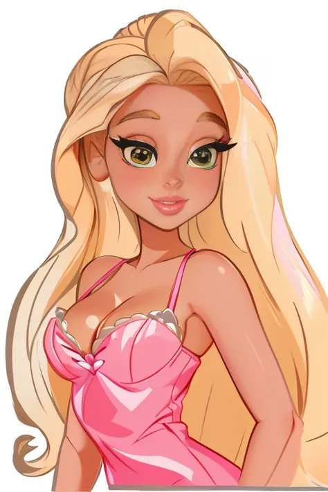 8k, a cartoon picture of a woman with long blonde hair and a pink dress, blonde - haired princess, lola bunny fanart, inspired by Tina Blondell, her skin is light brown, long blonde hair and large eyes, she has olive brown skin, cartoon artstyle, inspired ...