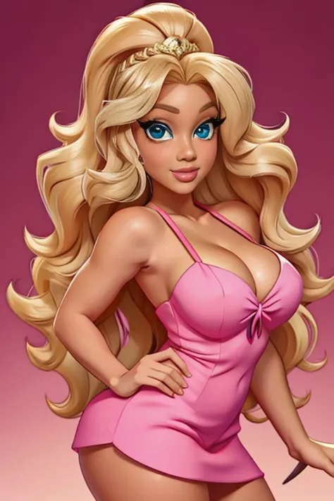 8k, a cartoon picture of a woman with long blonde hair and a pink dress, blonde - haired princess, lola bunny fanart, inspired by Tina Blondell, her skin is light brown, long blonde hair and large eyes, she has olive brown skin, cartoon artstyle, inspired ...