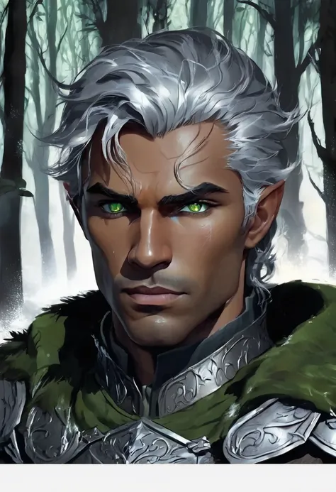 1 man, inside a forest at night with ice breeze around, wearing armor, detailed facial features, thick eyebrows, masculine green eyes, detailed tanned skin, dark man, messy silver hair, short elf ears, dramatic lighting, cinematic composition, dark palette...