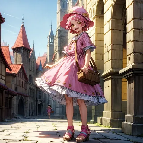 Solo character, full body version, baby kid girl, short curly hair, pink colored hair, yellow eyes, open mouth, happy eyes, medieval outfit famele, sandals, town, skyblue, standing gesture, (one piece style art), bucket hat, big bag