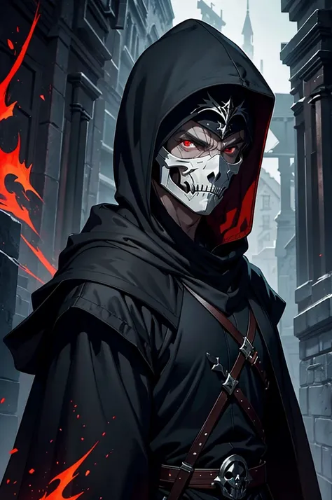 An assassin, male, fantasy character, physically strong, wearing a skull mask covering his face and eyes, dressed in black medieval attire, with a white hooded cloak over it, gray hair, short hair, red eyes, holding a dagger, nighttime background.