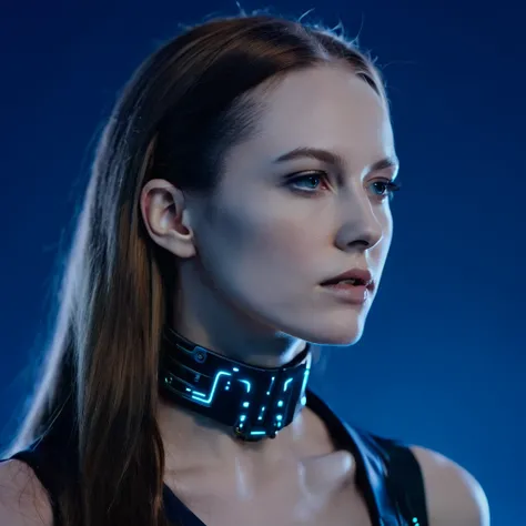 A beautiful ((evil slavic woman)), pale skin, long dark blond hair, with robotic features as a closeup shot of the face and neck, with circuitry on her skin, clean lines, minimal details, cyberpunk, portrayed in profile with a Navy blue background, futuris...