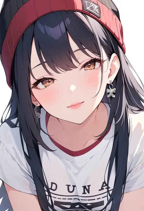 1gIrl, alone, long haIr, black haIr, wrItten clothes, Brown eyes, lookIng at the vIewer, beanIe, lIps, Upper Body, Mouth closed, shIrt, earrIngs, https://I.postImg.CC/tCDfNDvp/Screenshot - 20230606-212445.png