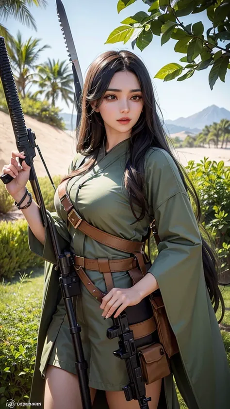 Create an ultra-realistic 5D image of an Arab woman with beautiful green eyes and long eyelashes dressed in camouflage from a great kamikaze outfit with all her ornaments., rifle example with telescopic sight, swords and knives, decision ruin environment, ...