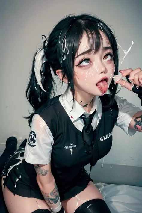 high quality, detailed,very wet,she is 13 years old and junior High school girl wearing very very wet and very transparent short sleeve black shirt and black tie,black plaid skirt,(hair up,hair up)(wearing black overknee socks),a mole under the eye,(tounge...