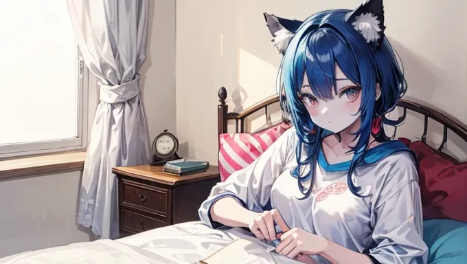 Young Girl,Cat ear,Blue Hair,Blue Skin,bed,Anime Style,sit