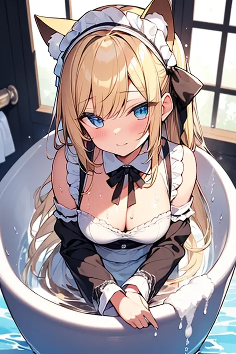 (Ultra high quality:1.6), (Highest quality:1.6), (Attention to detail:1.6), (Ultra-high resolution:1.6), (Detailed face:1.6), (Perfect Face:1,6), (Beautiful Eyes:1,6), (Detailed eyes:1.6), (Maid clothes, White apron, Headband, Black Dress, Blue ribbon, Mai...