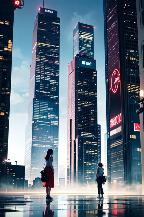 1girl, a 34 yo girl、Cyberpunk Boy、katanas,Tank tops、Whole body bloody、Overhead view of the composition、The beginning of the adventure、Lots of clouds,heavy fog、midnight,starrysky、Moon,Chaotic city of the future、Movie dystopia、A group of very tall skyscraper...