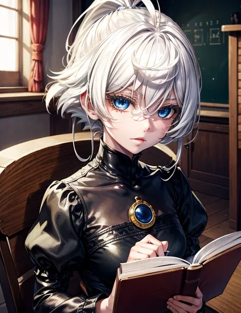 2B. Beautiful girl with white hair. Blue eyes. reading a book. She is in a school