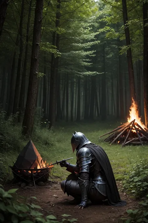 Dark souls style knight sitting in the forest around a campfire 