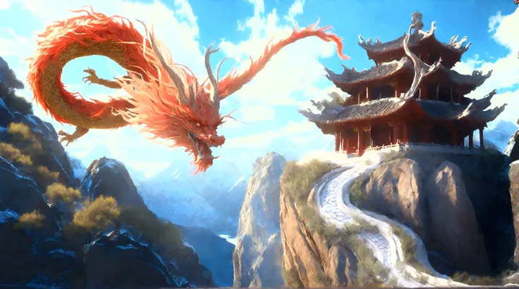 Create a digital artwork that captures a majestic red Chinese dragon soaring above a temple situated on a mountain. The temple features intricate architecture, with ornate roofs and detailed carvings, surrounded by lush trees and rugged rocks. A winding st...