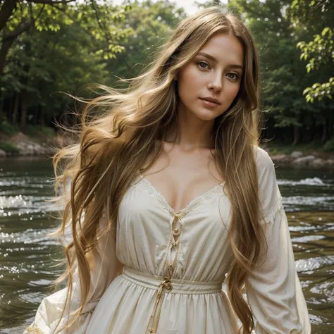 Imagine a young woman with incredibly long and radiant golden hair that seems almost magical. Her hair is so extensive that it can reach the ground and spread out around her like a river of light. She has an expressive and gentle gaze, with large, clear ey...