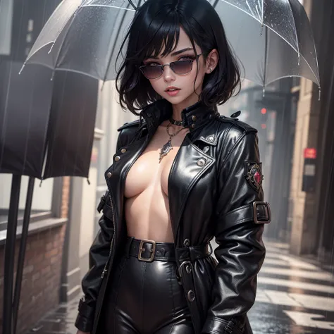 masterpiece, top quality, illustration, {beautiful detail girl}, beautiful shine in detail, transvestite beauty, (black jacket and trench coat), Sunglasses, risa, removed fangs, vampire, indigo eyes, rainy street corner, rain, detailed lighting, Detailed w...