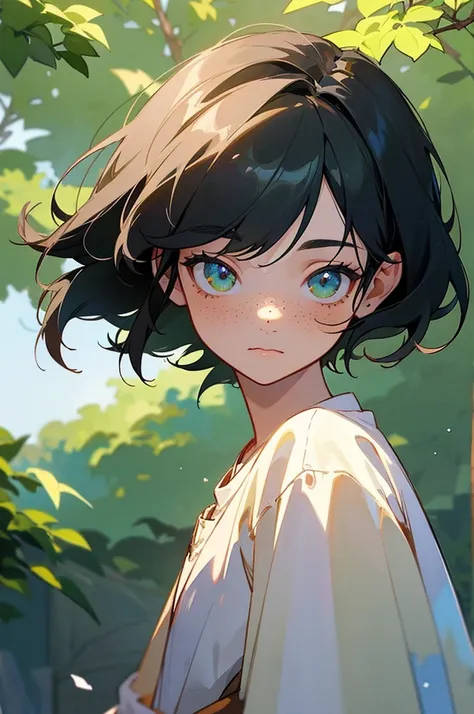 Little boy, with green eyes and black hair, freckles on his face. Cute and innocent looking, extremely charming, dressed in a medieval style, with a white loose long-sleeved T-shirt. Anime watercolor painting. Garden scene, drawing with lots of lighting an...