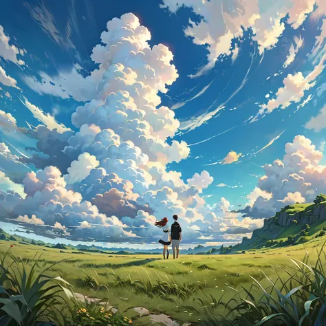 anime, anime landscape, beautiful hair, couple sweet, looking at clouds, in a grassland, creative, realist, white clouds, blue sky, landscape amazing, guy looking away from camera, wide photo