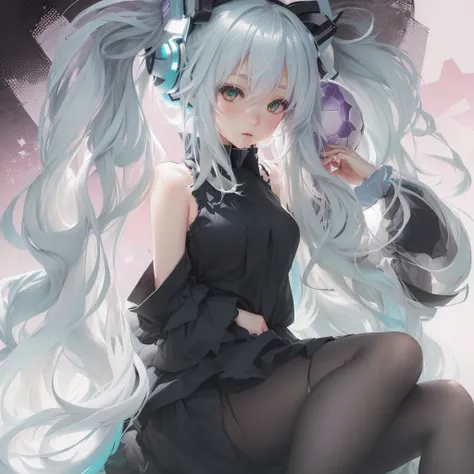 Long white hair anime girl sitting on bed with soccer ball, digital art on Pixiv, Pixiv contest winner, Pixiv, Zerochan Art, hatsune Miku portrait, top rated on Pixiv, Pixiv style, Miku, Anime girl in a black dress, trending on artstation Pixiv, by Shimo, ...