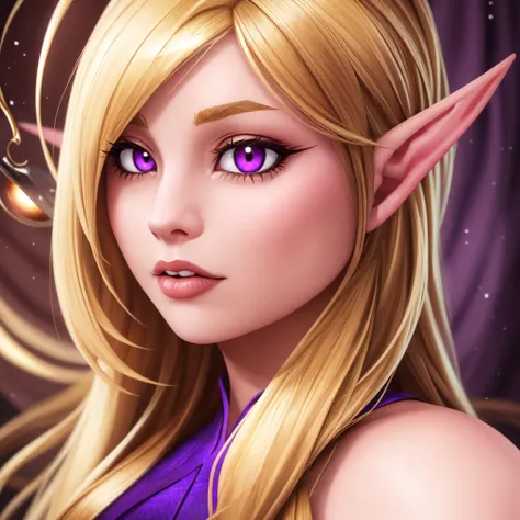 a close up of a woman with long blonde hair and purple eyes, portrait of a female elf warlock, artgerm detailed, extremely detai...