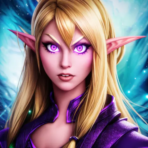 a close up of a woman with long blonde hair and purple eyes, portrait of a female elf warlock, artgerm detailed, extremely detailed artgerm, a portrait of an elf, female elf, artgerm portrait, large glowing eyes, portrait of an elf, female drow elf, artger...