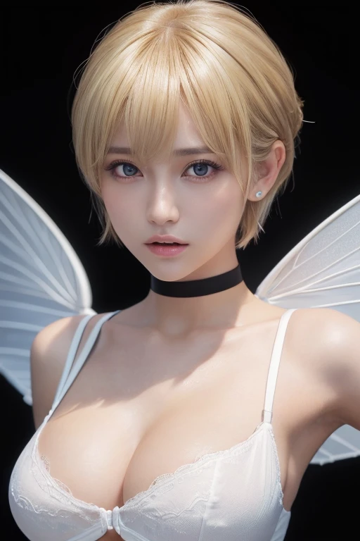 (Highest quality, 4K, 8k, High resolution, masterpiece:1.2), Very detailed, (Realistic, photoRealistic, photo-Realistic:1.37),Japanese,(Dull blonde pixie cut）woman,(Black choker：1.0)Large Breasts、Orgasm Facial、White shirt、