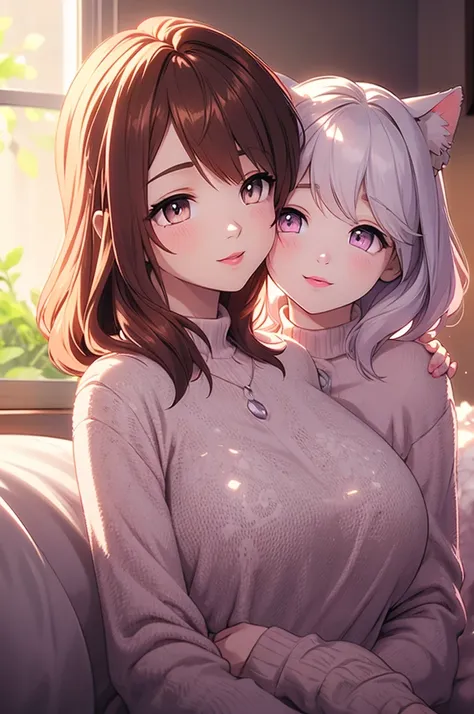 realistic, photorealistic, 1 mother cat girl, 1 daughter cat girl, mother and daughter on bed, smiling, mother with large breast...