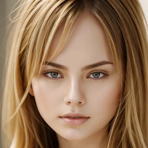 Pale skin mixed european and asian descent woman with golden blond hair with dark brown eyes