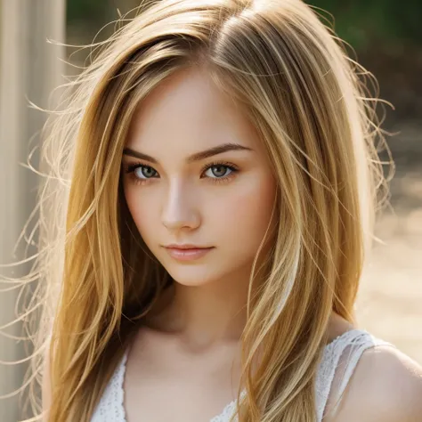 Pale skin mixed european and asian descent woman with golden blond hair with dark brown eyes