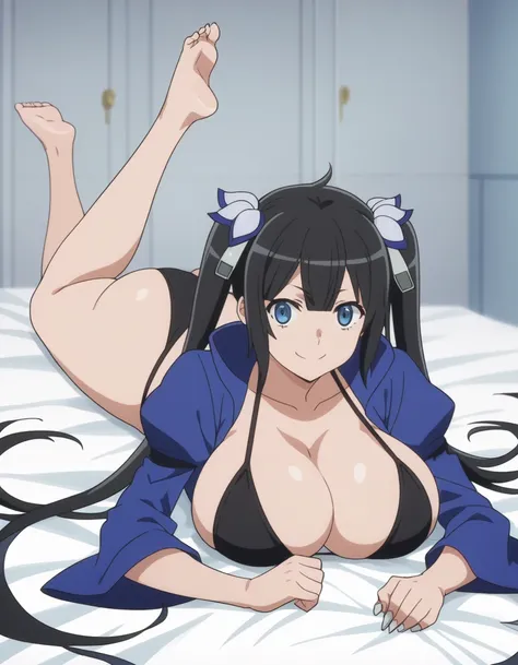 score_9, score_8_up, score_7_up, source anime,prefect lighting, very aesthetic, anime screencap, anime coloring, dungeon ni deai wo motomeru no wa machigatteiru darou ka, hestia, black hair, blue eyes, twin tails/long hair, hair ornament, smile, looking at...