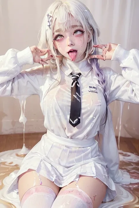 high quality, detailed,W-sitting,she is 13 years old and junior High school girl wearing very very wet and very transparent long sleeve white shirt and purple tie,purple plaid skirt,(bob hair,bob hair)(wearing black overknee socks),a mole under the eye,(to...